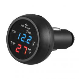カーUSB充電器 デジタル電圧計 温度計 シガーソケット 青赤 送料無料